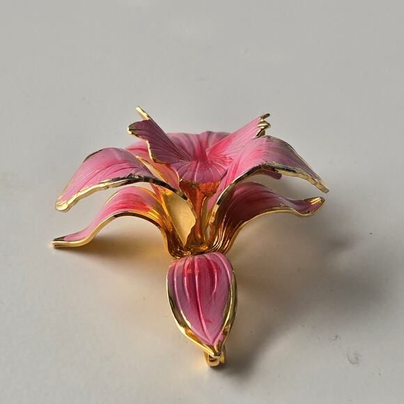 Vintage Cerrito 1982 Hand Painted Light Pink & Gold Orchid Flower Brooch Pin 2" - Picture 10 of 13